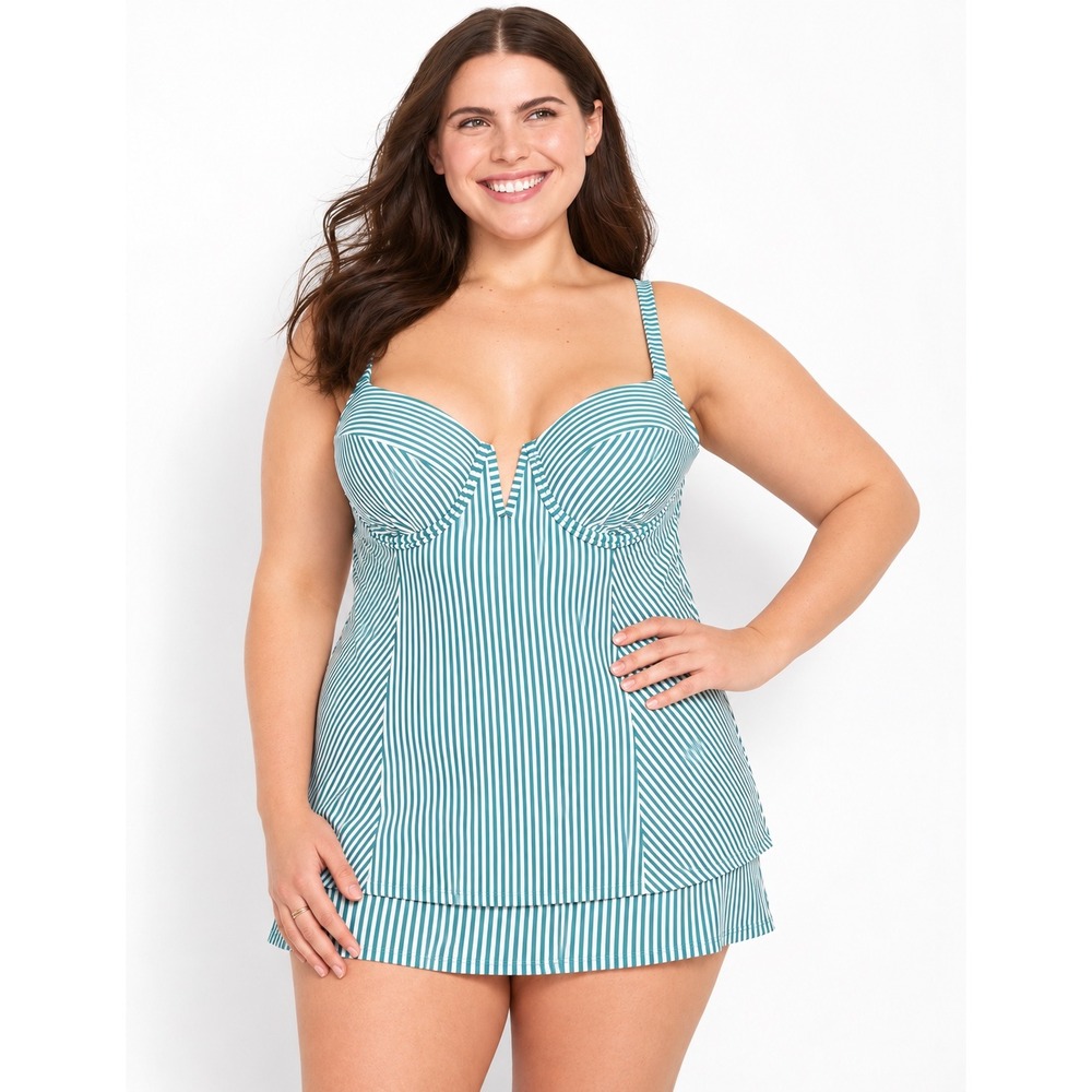Swim by Cacique 44DDD Teal White Seersucker Stripe Balconette Tankini NWT